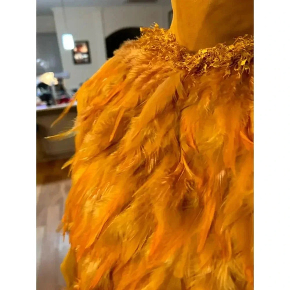 CQbyCQ UNIQUE FEATHER mustard plume  LONG PUFFY SLEEVES SIZE SMALL - Picture 7 of 10
